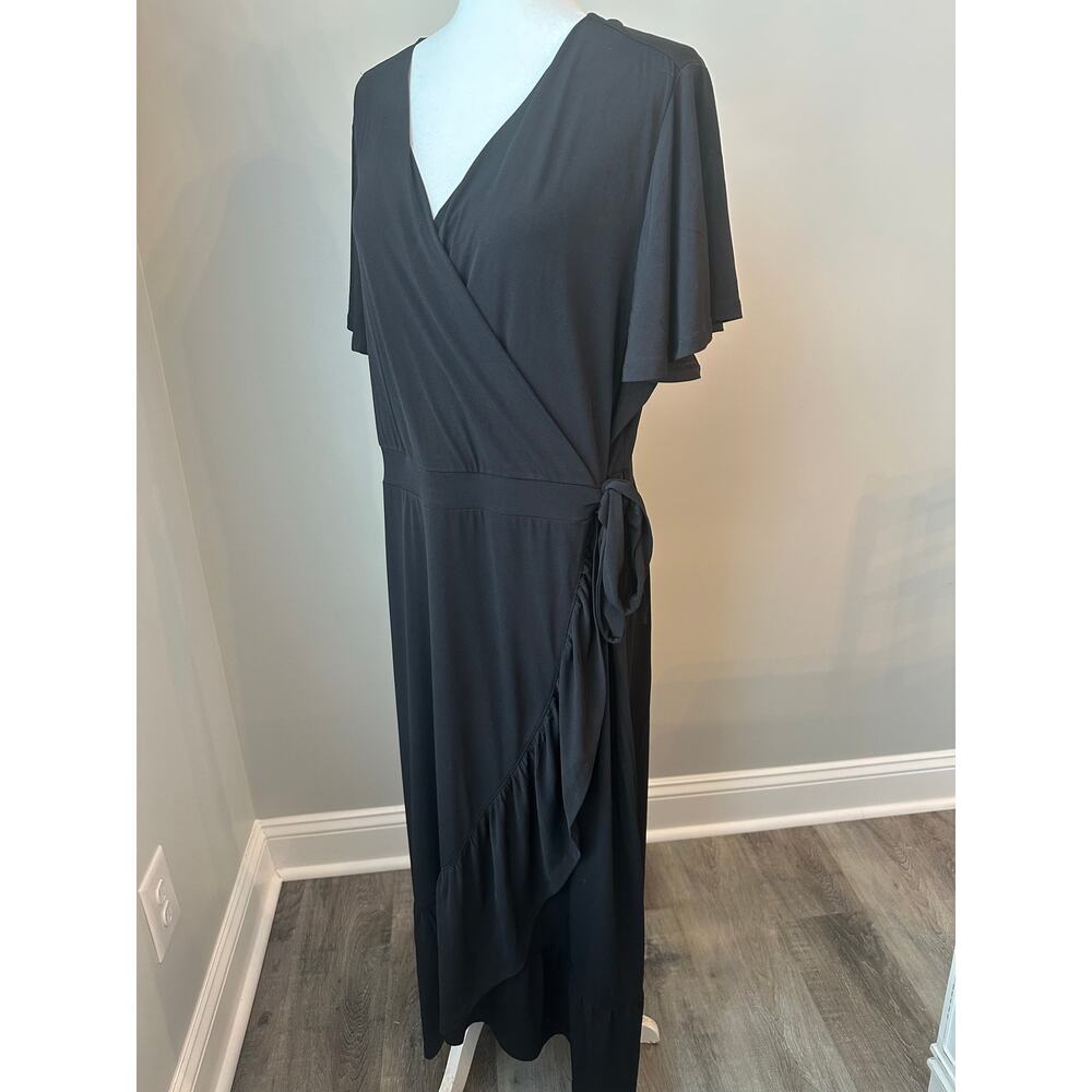 Lane Bryant Black Faux Wrap Dress XL Flutter Sleeve Ruffle Midi Plus Size - Picture 6 of 13